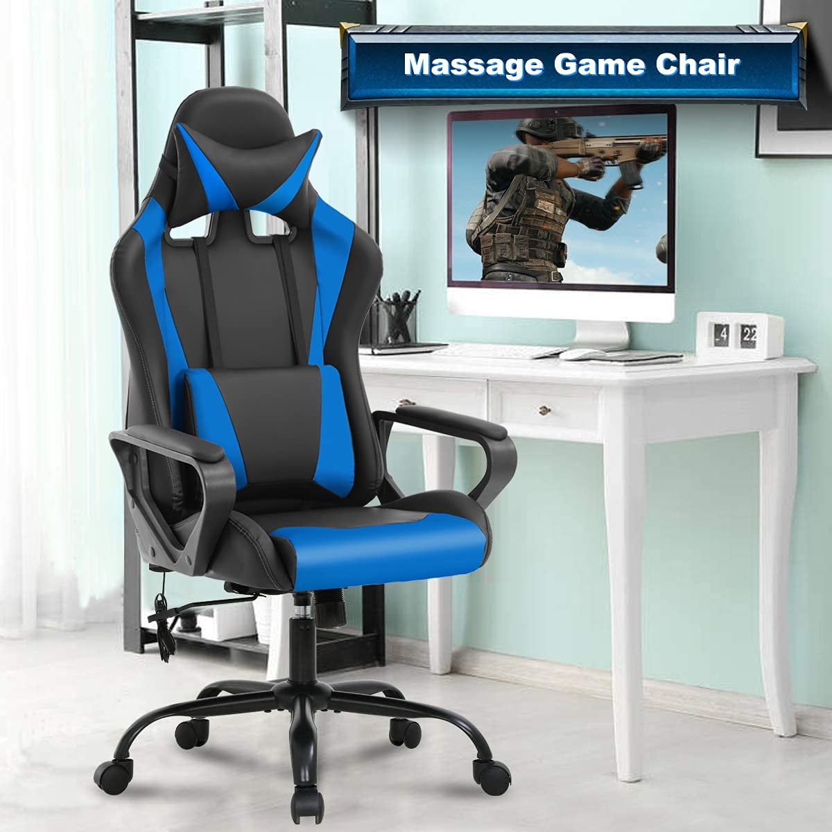 Massage PC Gaming Chair with Headrest Ergonomic Office Chair Adjustable ...