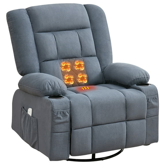 Massage Recliner Chair with Heat, 4-Point 3D Kneading Massage Rocker Recliner, 360° Swivel Chair with USB Charging Port, 2 Cup Holders, and Storage Pockets, Blue Modern Recliner for Living Room