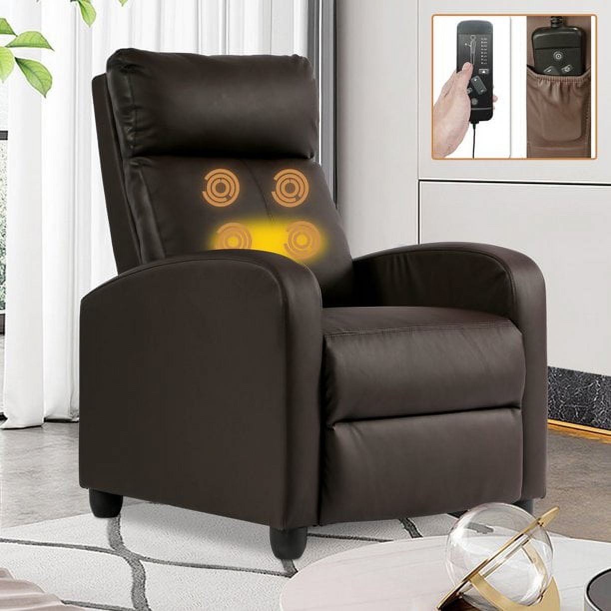 Massage Recliner Chair Single Sofa Recliner, High- Quality PU Leather Padded Seat for Living Room Modern Recliner Seat Club Chair Home Theater Seating, Brown