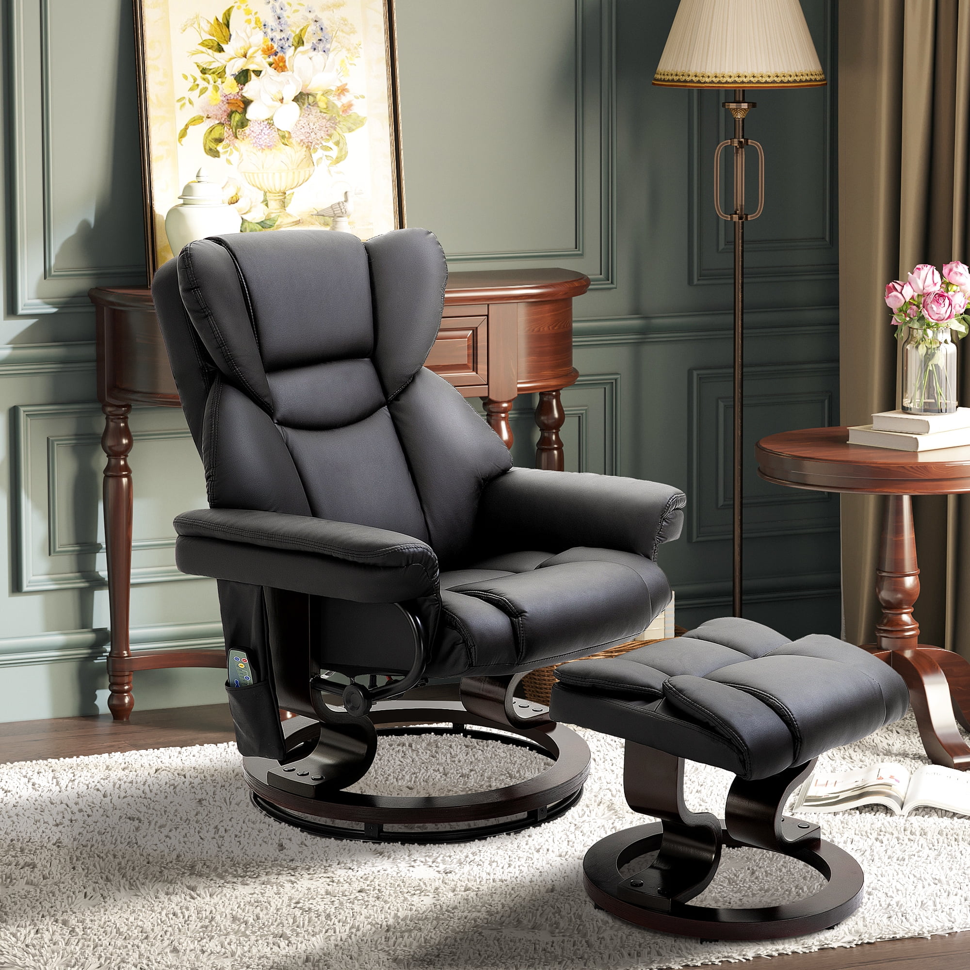 HOMCOM Massage Recliner Chair with Ottoman Footrest 10 Vibration Points 360 Swivel Reclining Chair Faux Leather Living Room Chair with Side Pocket and Remote Control Black Walmart