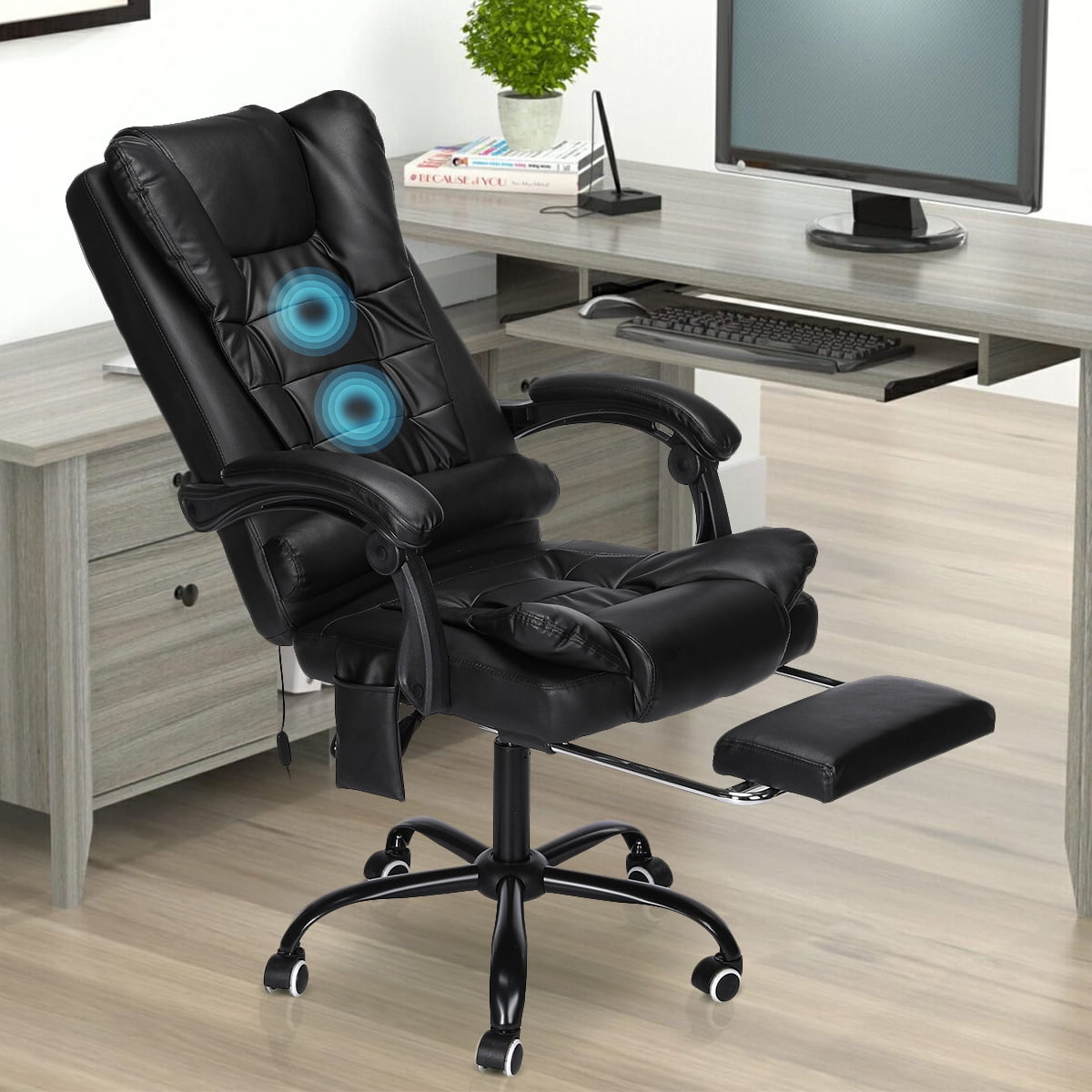 Massage Reclining Leather Office Chair High Back Executive Office Chair with Footrest Ergonomic Adjustable Seat Height and Back Recline Desk and Task Chair with Thick Seat Cushion