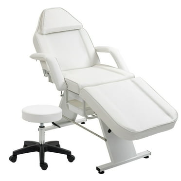 Massage Salon Tattoo Chair with 2 Trays,Esthetician Bed with Hydraulic Stool,Multi-Purpose 3-Section Facial Bed Table, Adjustable Beauty Barber Spa Beauty Equipment,White