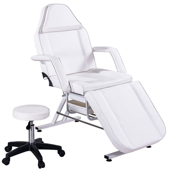 Massage Salon Tattoo Chair with Two Trays Esthetician Bed with Hydraulic Stool,Multi-Purpose 3-Section Facial Bed Table, Adjustable Beauty Barber Spa Beauty Equipment, White,