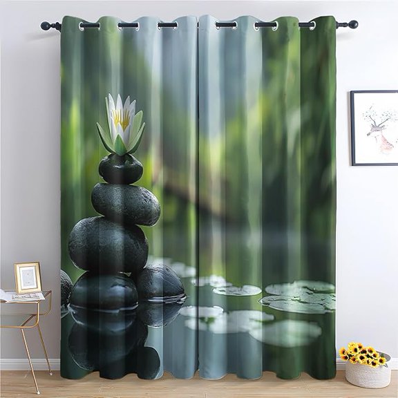 Massage Stone Curtains, Green Room Darkening Curtains for Nursery, Japanese Spa Curtains & Drapes, Grommet Blackout Curtains 53"W x 96"L (Pack of 2)