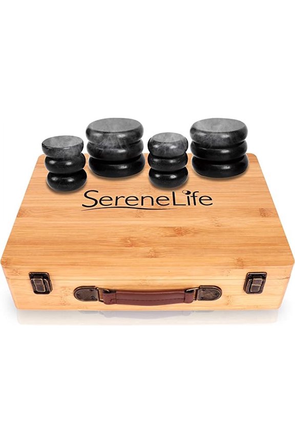 Massage Stone Heater Box Set-Electric Spa Portable Heated Rocks Massage Stones and Warmer Set - Heat Rock Massaging Kit 12 Large/Small Black Stone Set w/Bamboo Heating Case-SereneLife PSLMSGST65.5