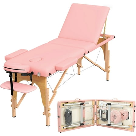 Massage Table Massage Bed, Portable 3 Section Foldable Tattoo Bed, Height Adjustable Lash Spa Bed with Face Cradle, Home Light Weight  Salon Bed with with Wood Frame, Light Pink