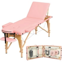 Massage Table Massage Bed, Portable 3 Section Foldable Tattoo Bed, Height Adjustable Lash Spa Bed with Face Cradle, Home Light Weight Salon Bed with with Wood Frame, Light Pink