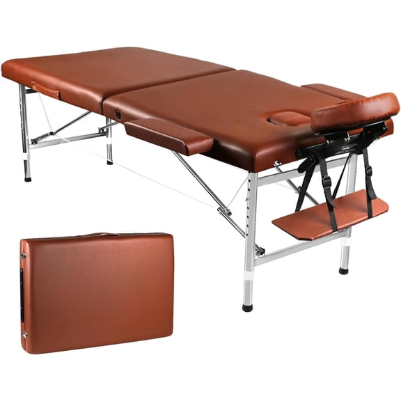 Massage Table Portable Height Adjustable Massage Bed Lightweight Foldable Spa Lash Tattoo Esthetician Bed 24 Inch Wide Aluminum 2 Fold with Carrying Case Brown