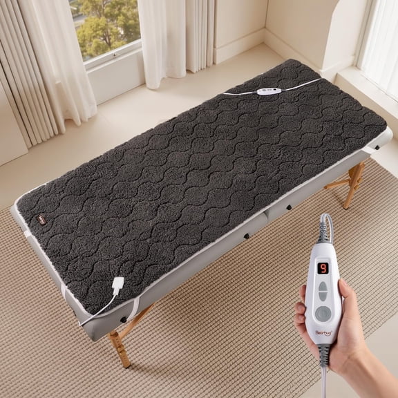 Massage Table Warmer Heating Pad 30” x 71”, Dark Grey Sherpa Wool Electric Heating Pad with 1-9 Hours & 10 Heating Levels, LED Controller, Machine Washable
