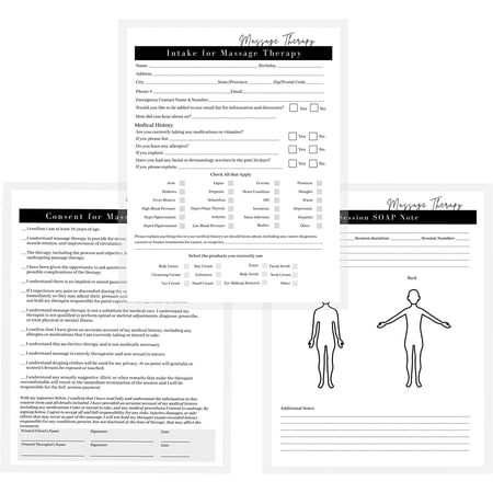 Massage Therapist Consent, Intake & Soap Note Forms 75 Pack 8.5 x 11" A1 Forms Massage Therapy Supplies Minimalist Design