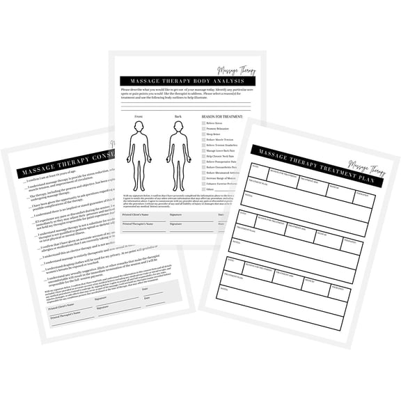 Massage Therapist Forms Intake,Consent,SOAP Notes,Body Analysis and Treatment Plan  Forms with Medical History Treatment and Technique  75pk, 25 of Each  Dbl Sides  Forms for Client Signatures