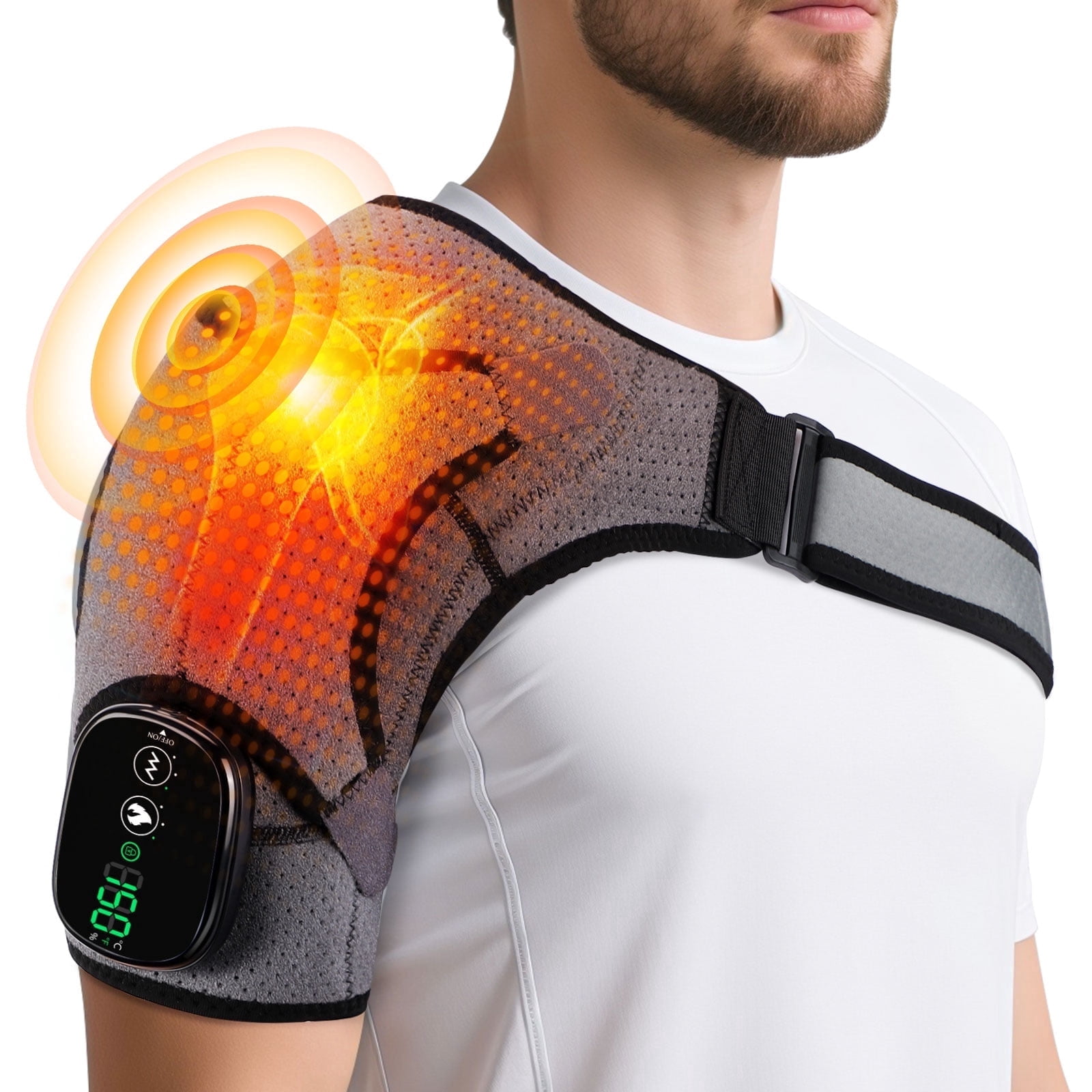 Massager Shoulder Pad with Heat & Vibration - 3 Heat Levels, 3 Massage Speeds, 5000mAh Battery, Digital Display, Portable for Home/Office/Travel - Gray & Black