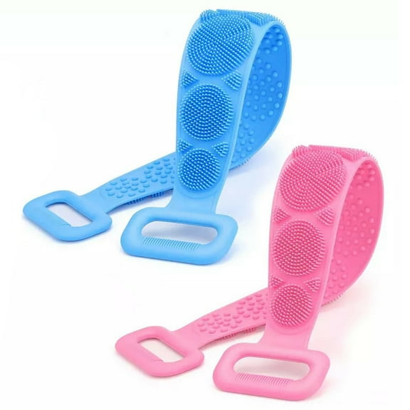 Massaging Back and Shower Brush -- Double-Sided Silicone Scrubber and Long Massager Pink