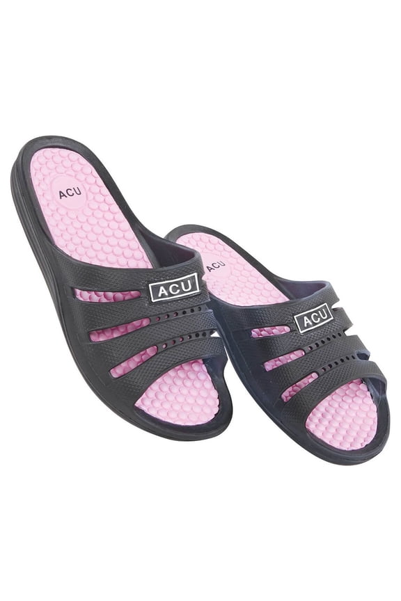 Massaging Comfort Slides, Waterproof Slip On Sandals, Womens, Size 6 Black/Pink