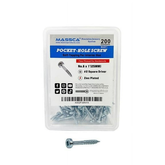 Massca Products X002PJ0NYX 1 in. Fine Thread No.6 Zinc Pocket-Hole Screws - 200 Screws