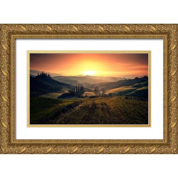 Massetti, Fabrizio 14x10 Gold Ornate Wood Framed with Double Matting Museum Art Print Titled - Val Dorcia In The Morning