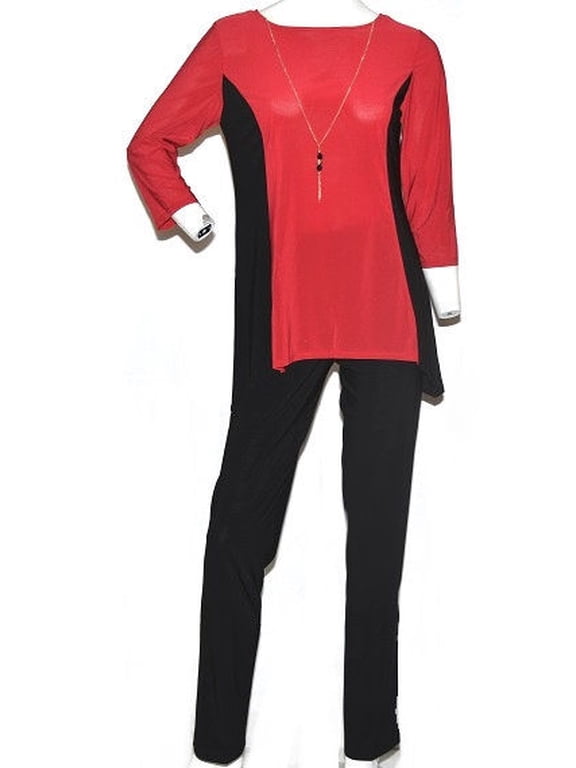 Women's 2 Piece Pant Set with Necklace in Red/Black - Small