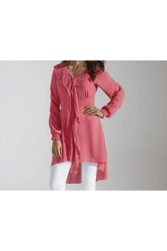 Women's High Low Ruffled Shirt in Coral - Medium