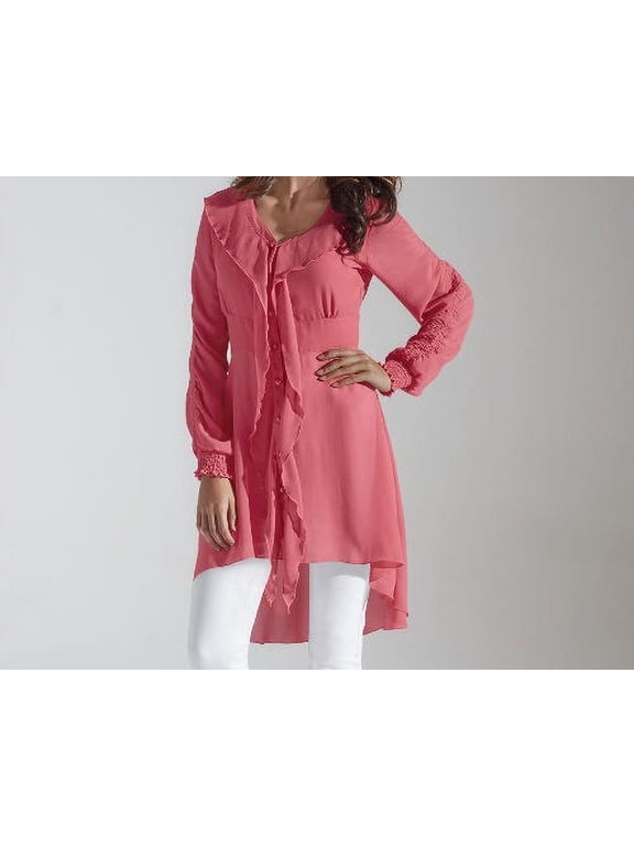 Women's High Low Ruffled Shirt in Coral, Size Small