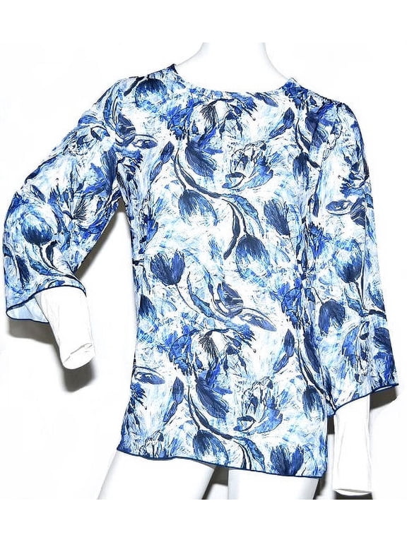 Women's Long Sleeve Flowy Blouse in Blue, Size Medium