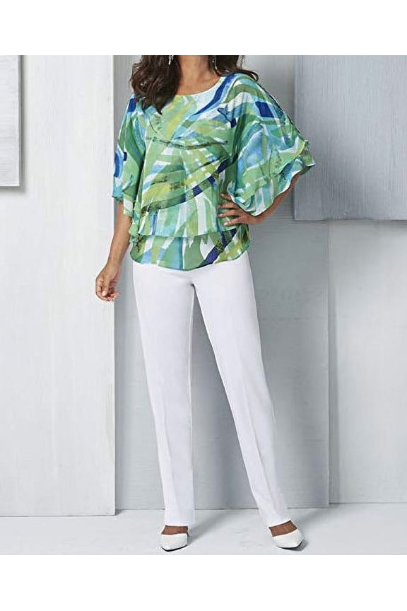 Women's Printed Poncho Top & Pant Set in Green, Size Small