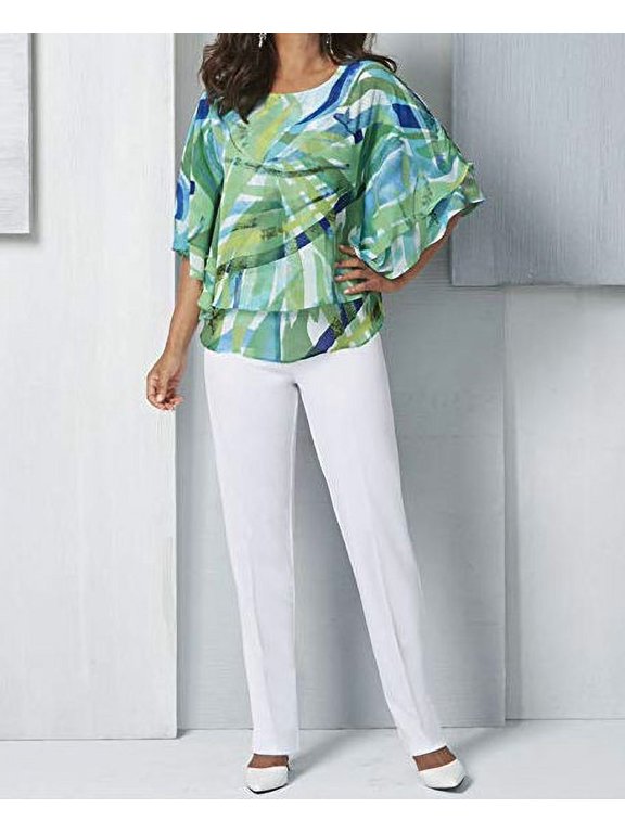 Women's Printed Poncho Top & Pant Set in Green, Size Small