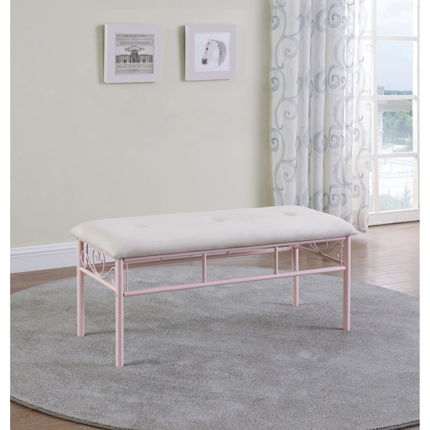 Massi Cream and Pink Tufted Upholstered Bench with Steel Frame