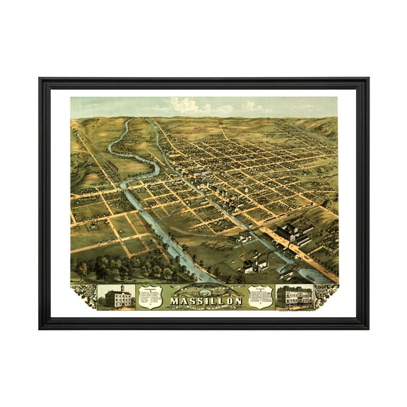 Massillon Art, 1870 Vintage Map of Massillon Ohio, OH History Wall Decor Gift, Old Massillon Map - 24" x 18" Black Framed Print
