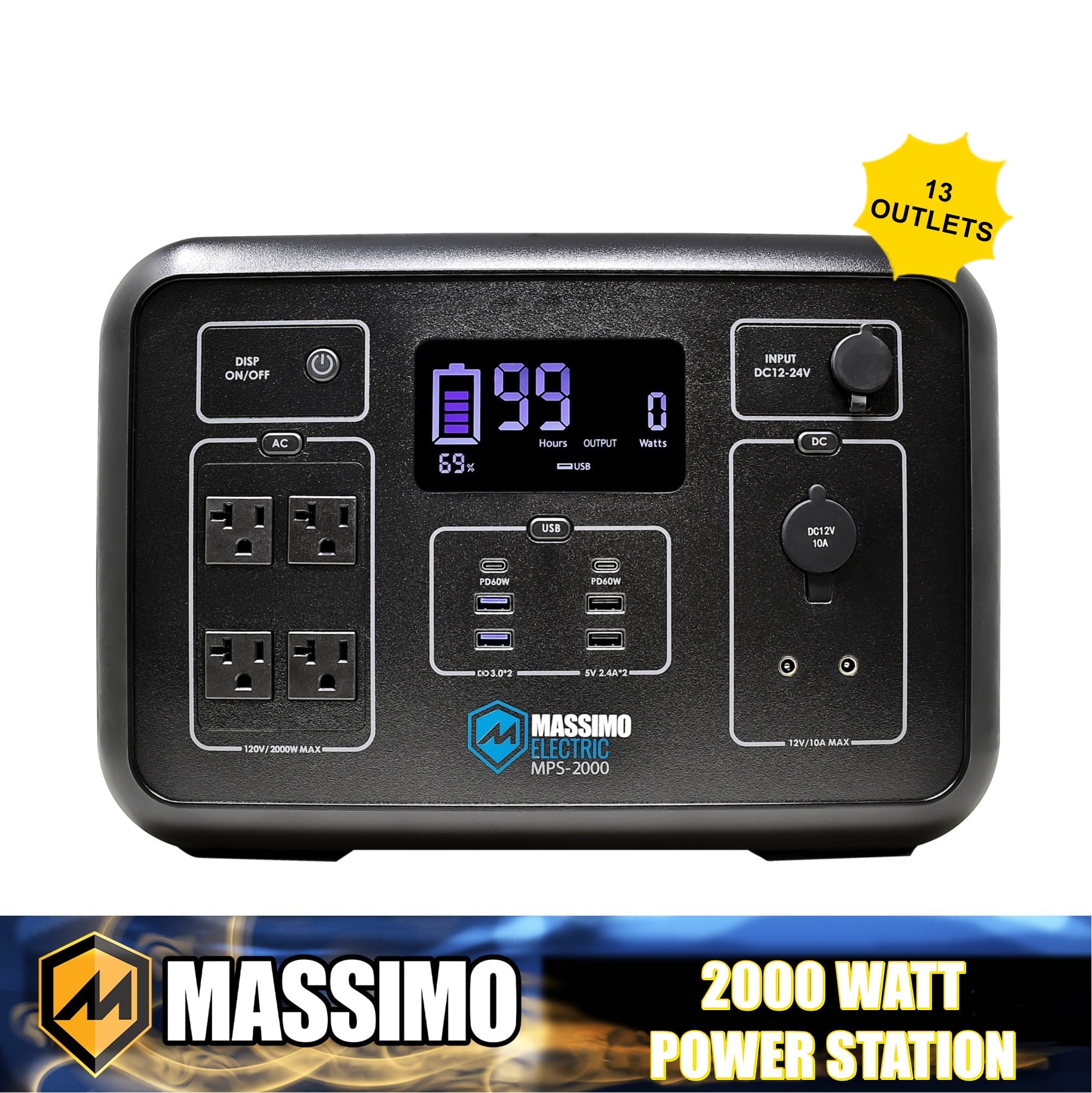 Massimo 2000W Portable Power Station (2134W Peak) – with 13 Outlets for Home Backup, Camping, Solar, Emergency Use – AC, USB, DC Ports