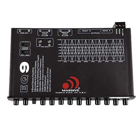 Massive Audio EQ9 - 9 Car Equalizer with 9 Band Graphic Equalizer - Aux Inputs - 7V RCA Outputs - 18dB Crossover