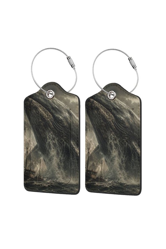 Massive Breaching Whale And Fishing Boat Art Luggage Tag for Suitcase 2 Pack Leather Travel Bag Baggage Identifiers Privacy Cover ID Label