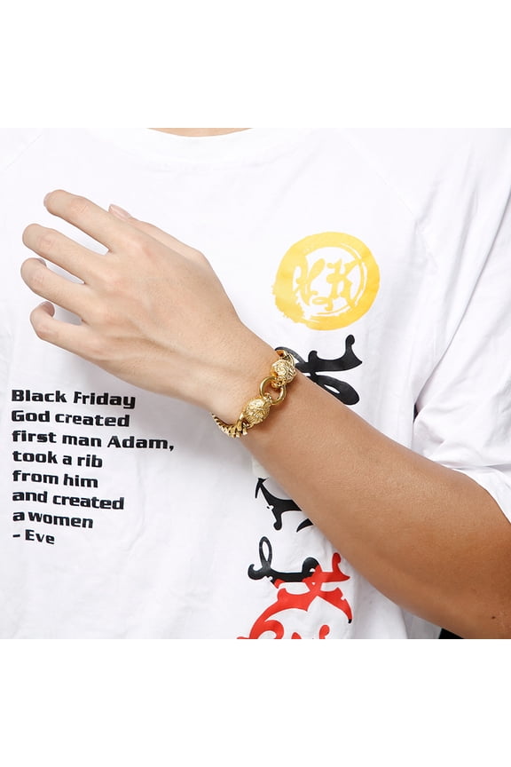 Massive Golden Color Double Wolf Head 14K Yellow Gold Bracelet for Men Curb Cuban Link Chain Bracelet Chain Jewelry Party Gifts Homme Bracelets