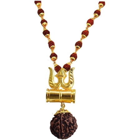Massive Mart Rudraksha Mala Gold Color-Plated Brass, Wood Lord Shiv Trishul Damru Locket with Panchmukhi Rudraksha Mala for Men and Women
