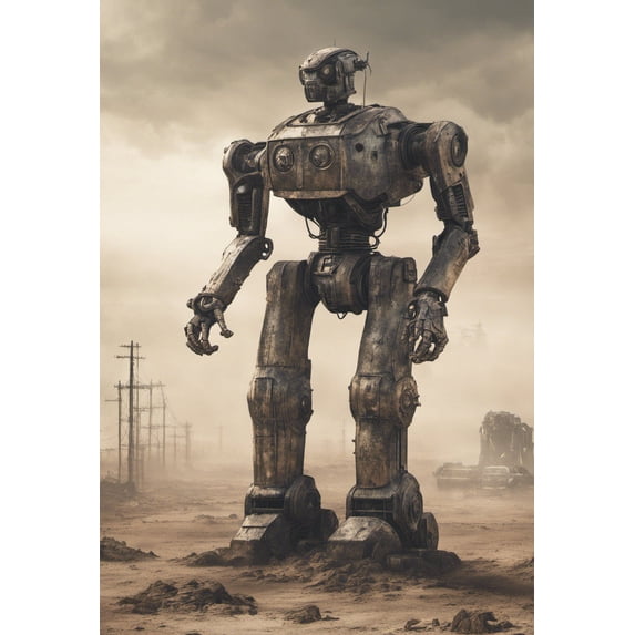 Massive Robot in A Desolate Wasteland Digital Matte Painting - 12" x 18" Art Print Wall Decor