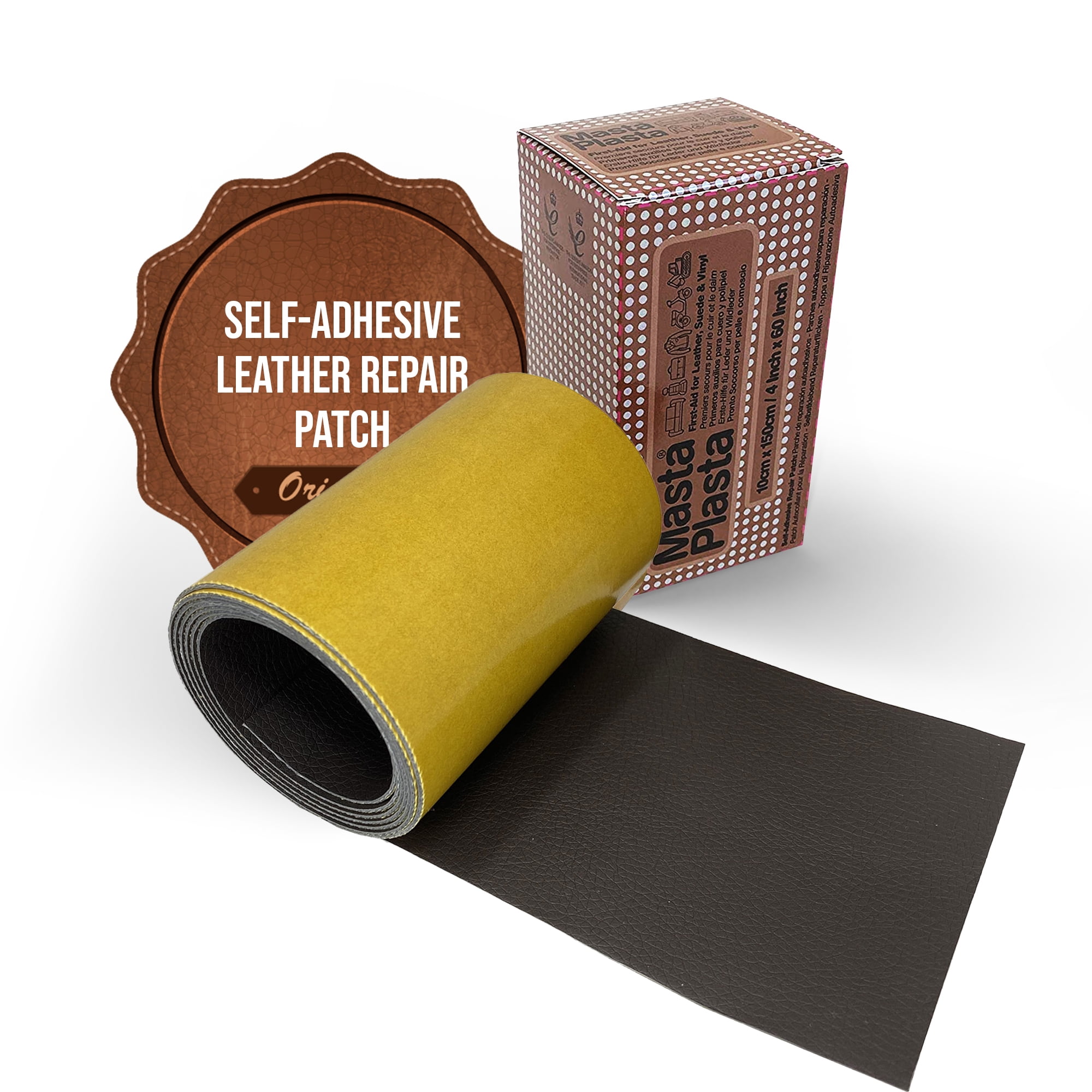 MastaPlasta Instant Leather Repair Tape DARK BROWN 60 x 4 in (150cm x 10cm). Self-Adhesive Repair for Sofas, Chairs, Car Seats, Bags and More. Fast, Easy Upholstery Repair on a Roll