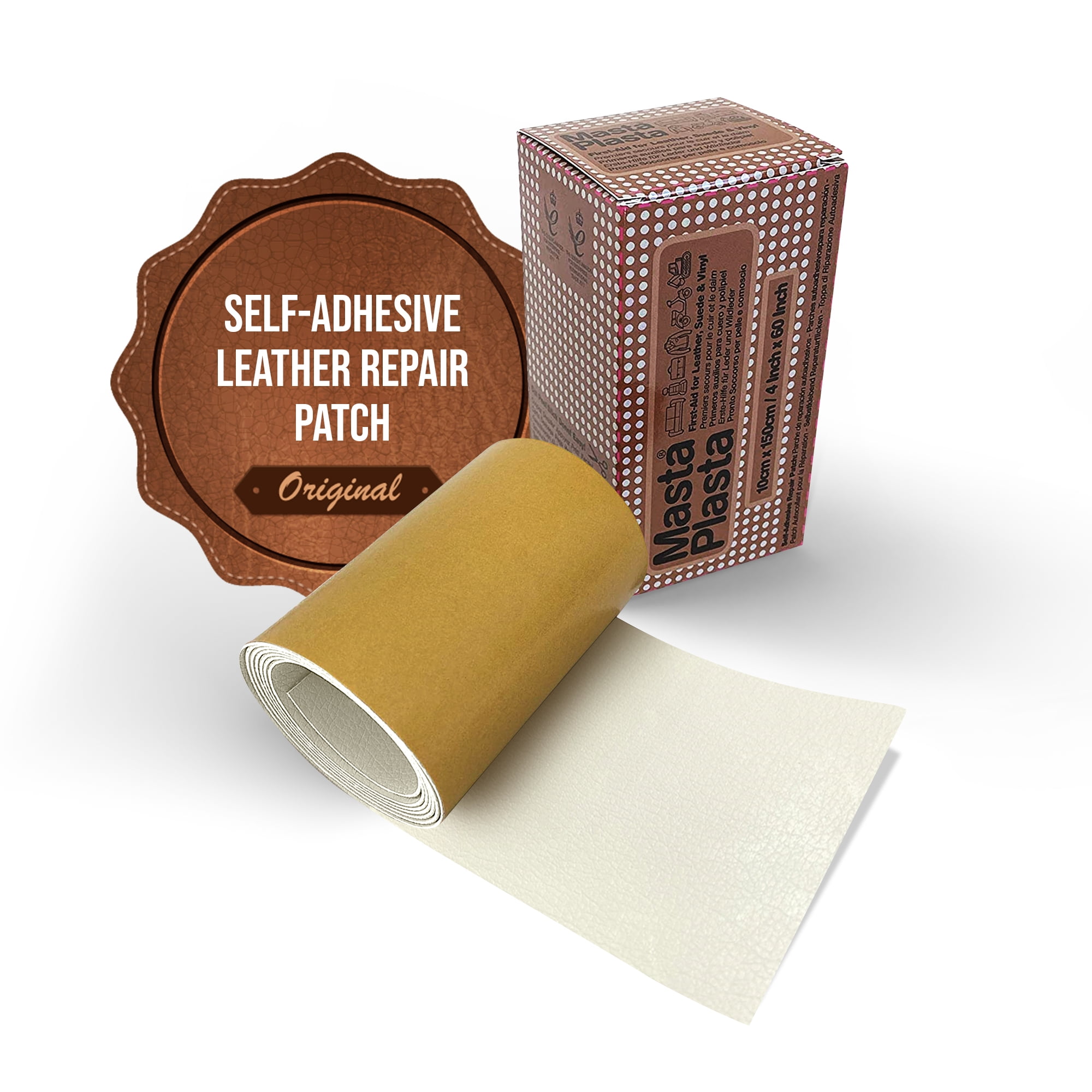 MastaPlasta Instant Leather Repair Tape IVORY 60 x 4 in (150cm x 10cm). Self-Adhesive Repair for Sofas, Chairs, Car Seats, Bags and More. Fast, Easy Upholstery Repair on a Roll