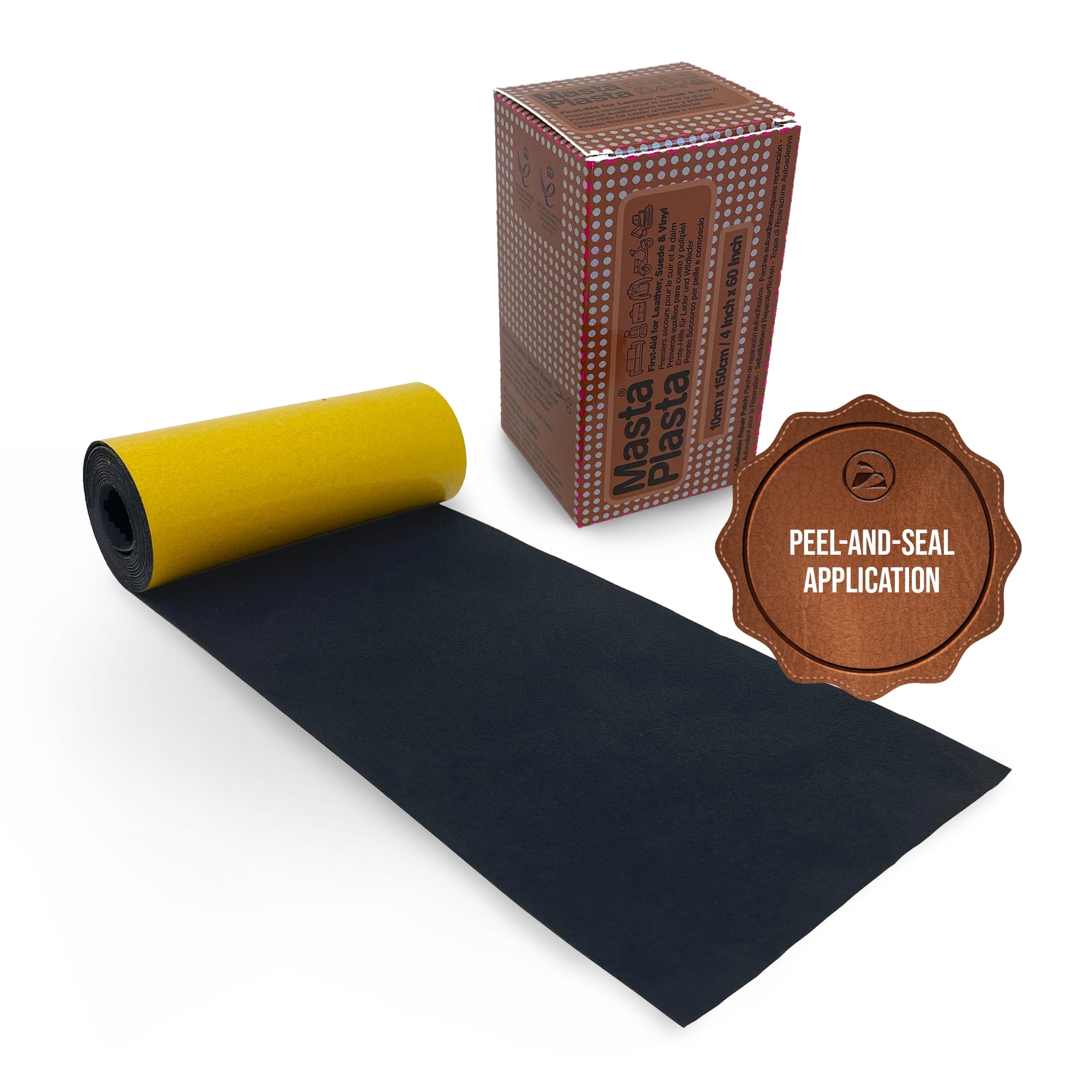 MastaPlasta Instant SUEDE Repair Tape. Black Suede 60ins x 4ins / 150cm x10cm. Self-Adhesive Sticky Upholstery Repair on a Roll fixes sofas, car interiors, jackets, bags, shoes