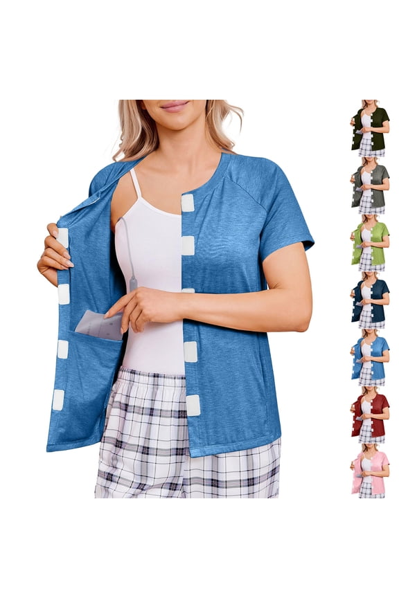 Mastectomy Shirts with Drain Pockets Post Shoulder Surgery Tops for Women Chemo Port Short Sleeve with Velcro Blue L