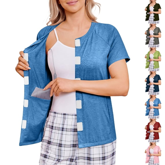 Mastectomy Shirts with Drain Pockets Post Shoulder Surgery Tops for Women Chemo Port Short Sleeve with Velcro Red S