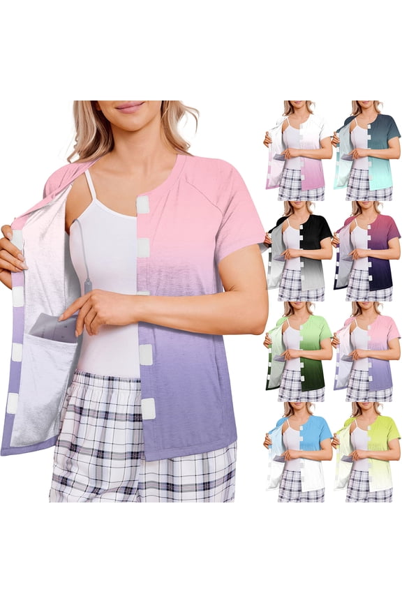 Mastectomy Shirts with Drain Pockets for Women Short Sleeve Shirt Post Op Recovery Must Haves,XXL,#01 Purple Pink