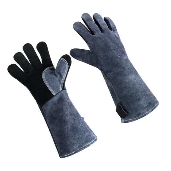 Masteelf 1 Pair Heat Resistant Gloves Fire-resistant Leather Barbecue Gloves Cooking Gloves for Outdoor Use (16 Inches Grey + Black)