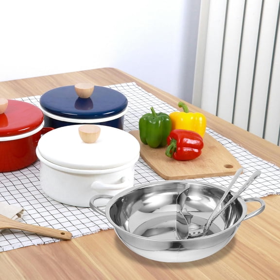Masteelf 1 Set Of Stainless Steel Divided Hot Pot With Ladle And Strainer Spoon Divided Cooking Pot For Family Gatherings Restaurant Chinese Hotpot