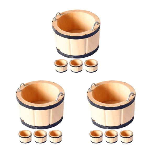 Masteelf 12-Piece Miniature Wooden Buckets Set for Dollhouse Accessories, Photo Props, and Small Decorative Ornaments