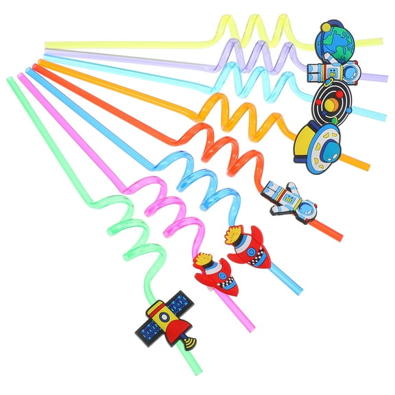 Masteelf 16pcs Drinking Straws Outer Space Party Straws Reusable Straws Decorative Swirly Straws For Kids Birthday Party Decorations