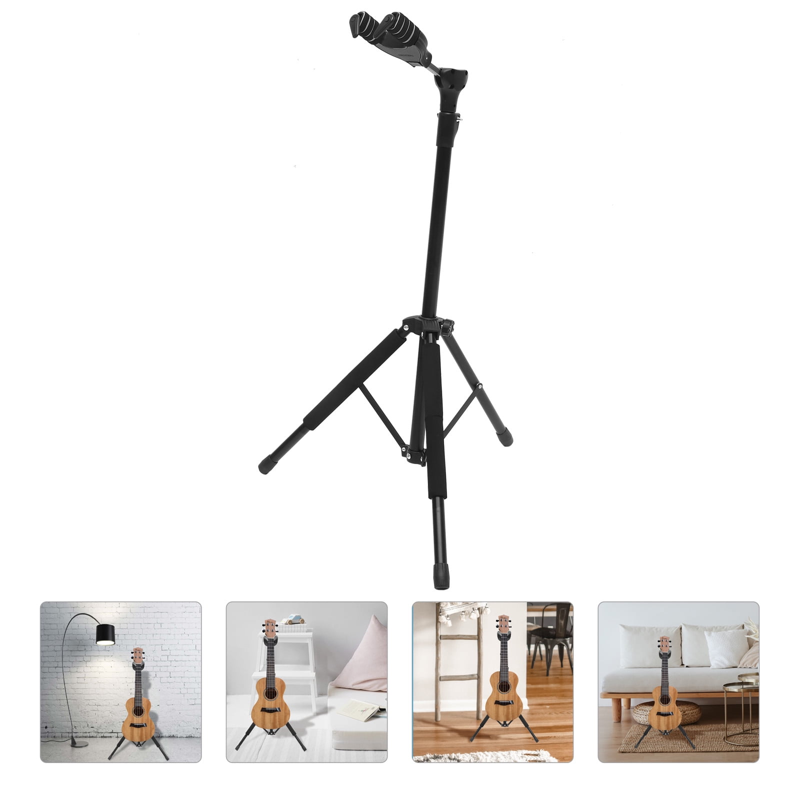 Masteelf 1Pc Ukulele Stand Violin Telescopic Folding Support Guitar Gravity Automatic Lock Rack Hook Guitar Hanger (Black)