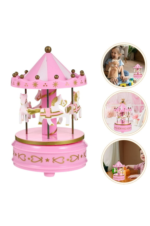 1Pcs Musical Jewelry Box for Girls Pink Plastic Carousel Shape Manual Winding Living Room Wedding Parties