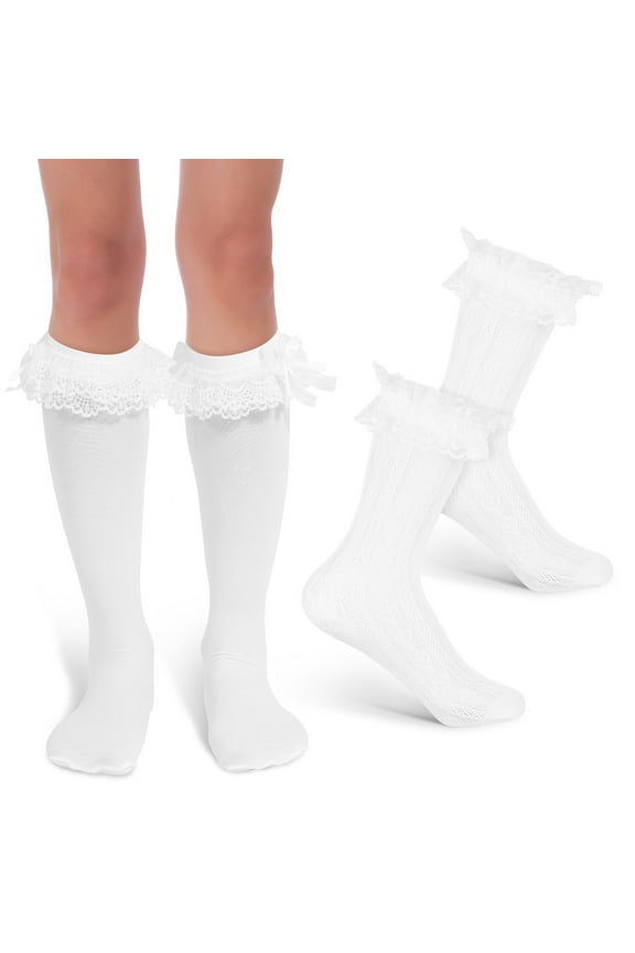 2 Pairs Bow Stockings for Women Socks with Bows Woman White