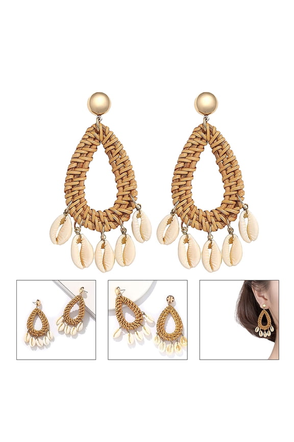 2 Pairs Golden Rattan Shell Earrings for Women, Lightweight Boho Style, 8.5x4x1 cm Fashion Jewelry Set