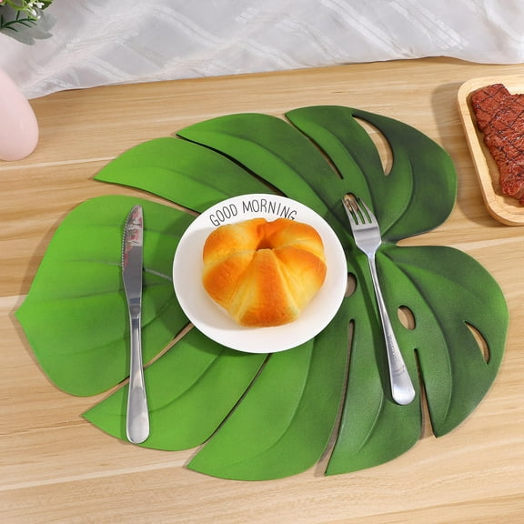 Masteelf Set of 2 Green EVA Turtle Leaf Placemats with Cup Holder Holes for Coffee Tea Table Mats