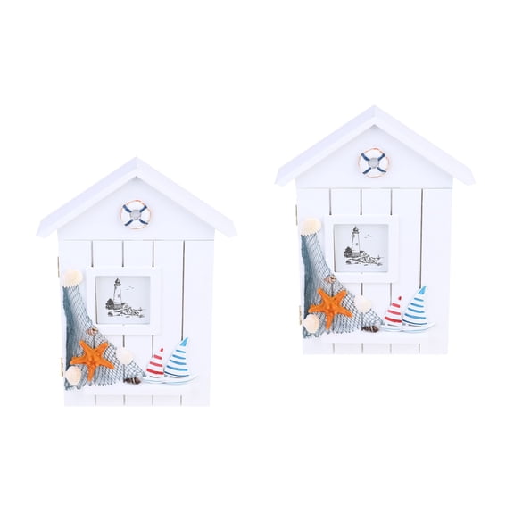 Masteelf 2 pcs  Keys Storage Holder House Shape Box Wooden Keys Case Wall Mounted Decor Mediterranean Style Ornament (Sail)